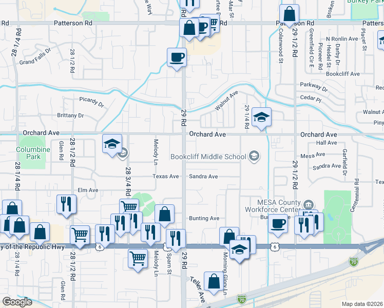 map of restaurants, bars, coffee shops, grocery stores, and more near 560 Crestwood Avenue in Grand Junction