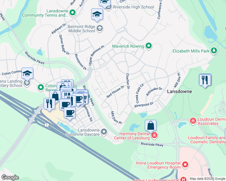 map of restaurants, bars, coffee shops, grocery stores, and more near 43700 Red House Drive in Leesburg