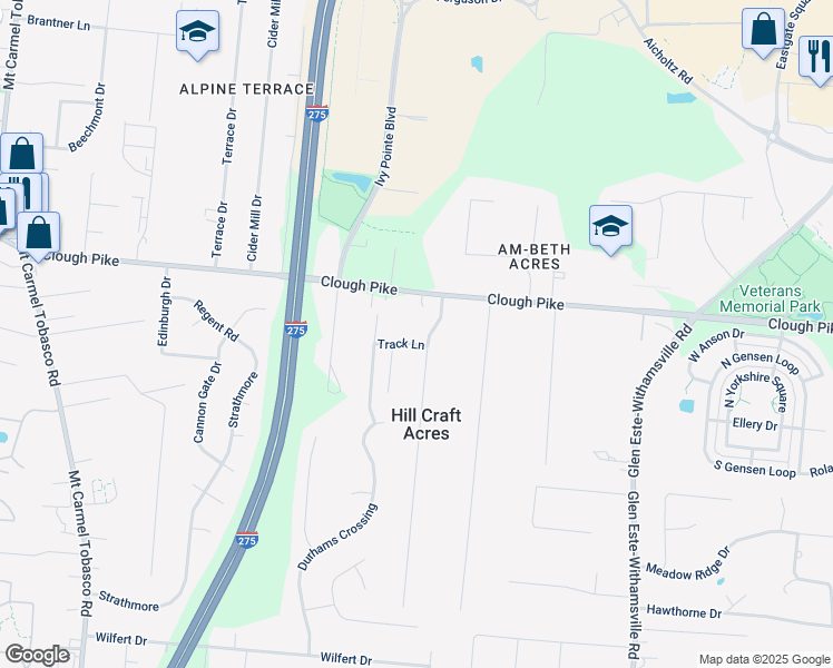 map of restaurants, bars, coffee shops, grocery stores, and more near 721 Clough Pike in Cincinnati