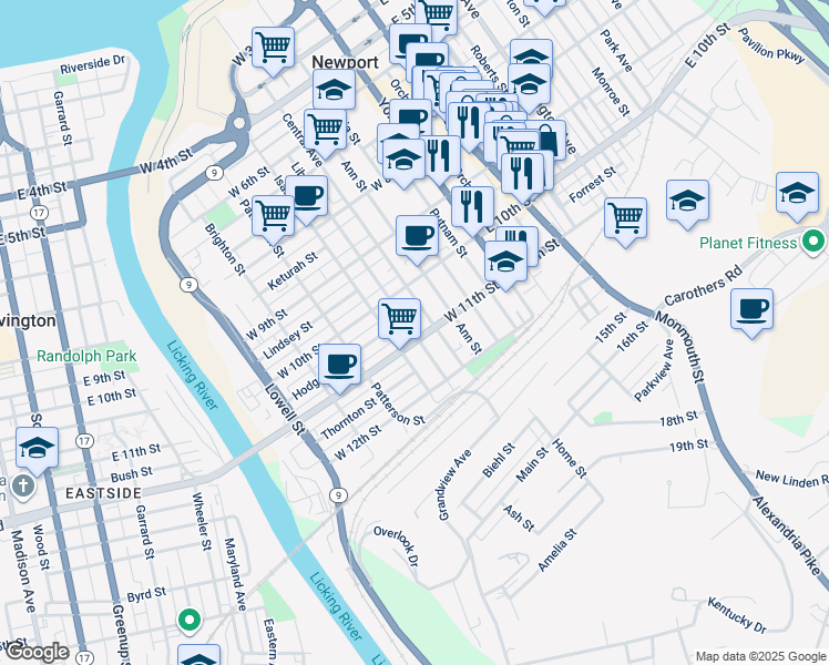 map of restaurants, bars, coffee shops, grocery stores, and more near 1017 Liberty Street in Newport