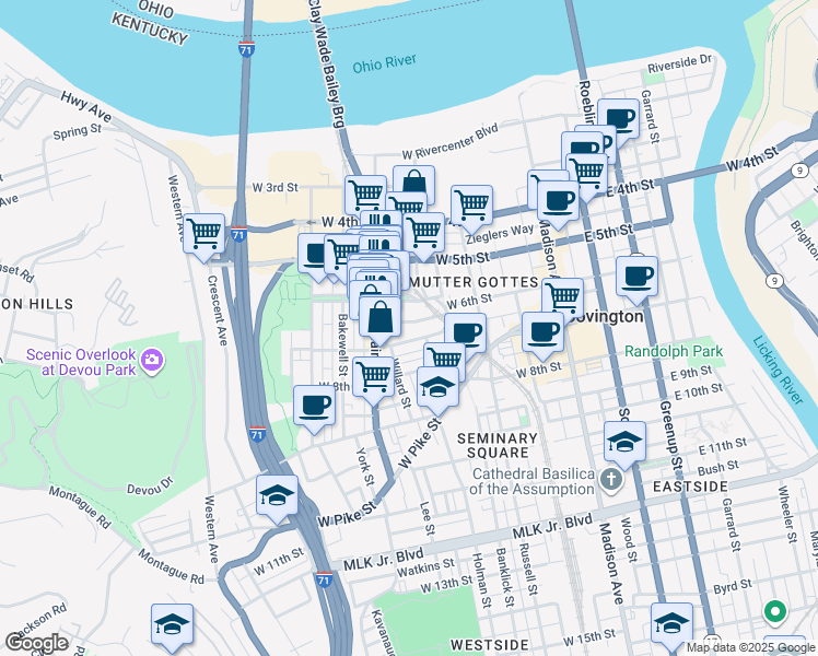 map of restaurants, bars, coffee shops, grocery stores, and more near 303 West 6th Street in Covington