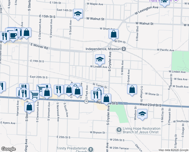 map of restaurants, bars, coffee shops, grocery stores, and more near 1403 West Linden Avenue in Independence