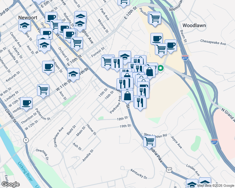 map of restaurants, bars, coffee shops, grocery stores, and more near 1601 Monmouth Street in Newport