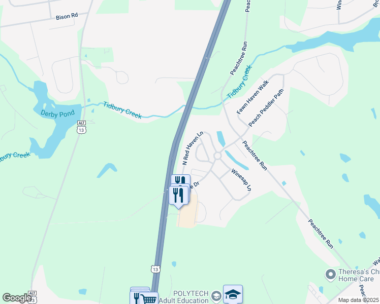 map of restaurants, bars, coffee shops, grocery stores, and more near 255 North Red Haven Lane in Dover