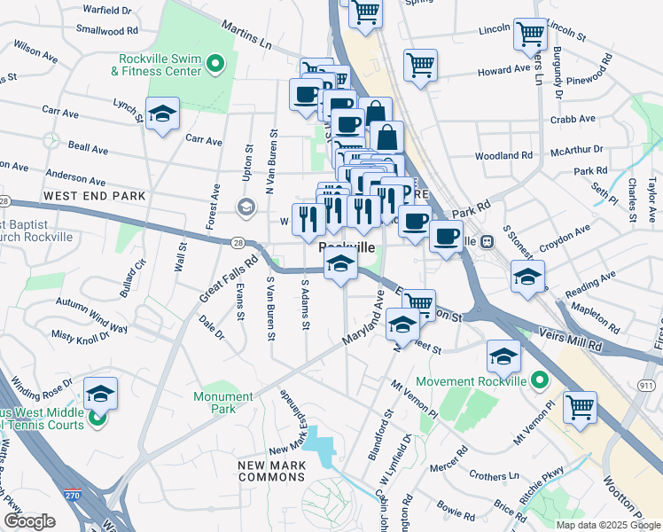 map of restaurants, bars, coffee shops, grocery stores, and more near 50 West Montgomery Avenue in Rockville