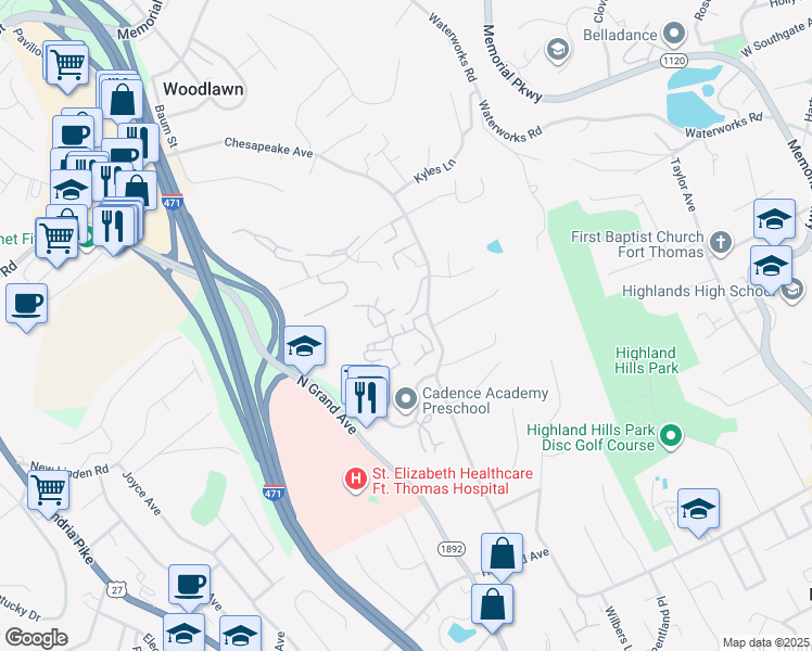 map of restaurants, bars, coffee shops, grocery stores, and more near 23 Carriage House Drive in Fort Thomas