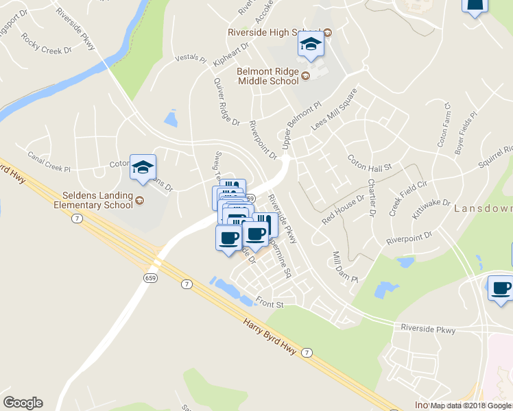 map of restaurants, bars, coffee shops, grocery stores, and more near 19288 Harlow Square in Leesburg