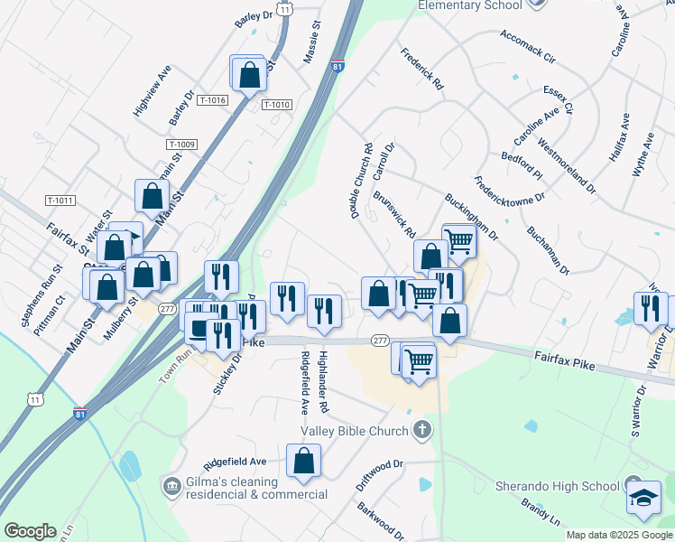 map of restaurants, bars, coffee shops, grocery stores, and more near 118 Harmon Place in Stephens City