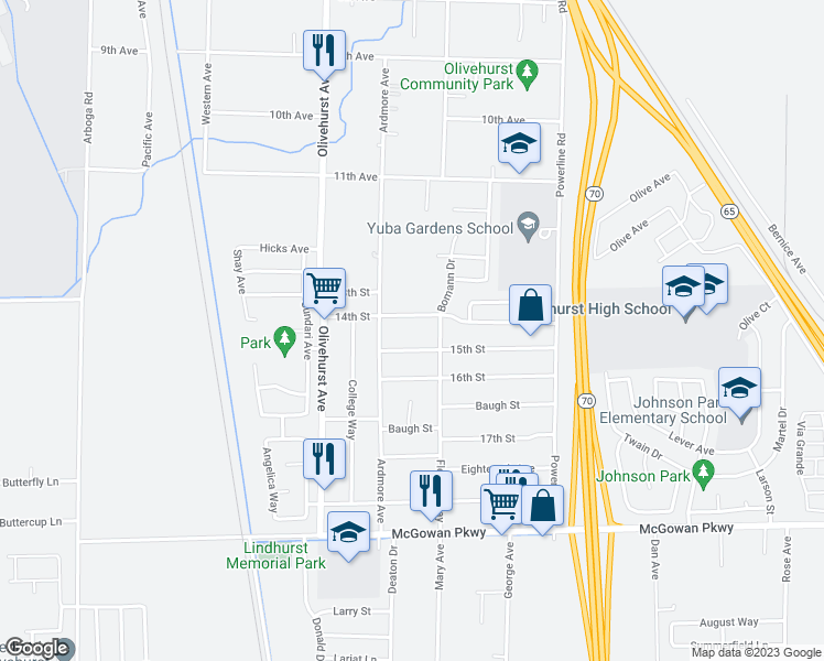 map of restaurants, bars, coffee shops, grocery stores, and more near 1838 14th Street in Olivehurst