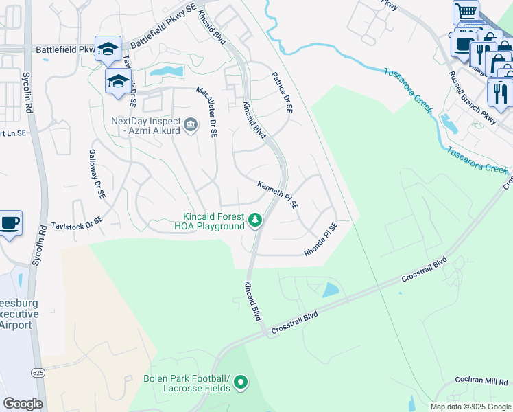 map of restaurants, bars, coffee shops, grocery stores, and more near 810 Sandy Landing Drive Southeast in Leesburg