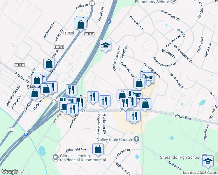 map of restaurants, bars, coffee shops, grocery stores, and more near 118 Harmon Place in Stephens City