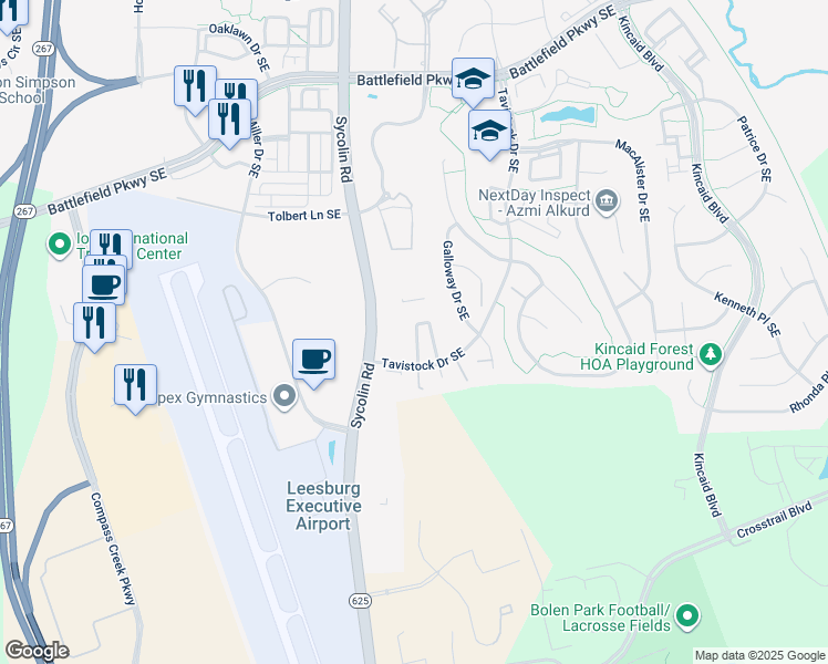 map of restaurants, bars, coffee shops, grocery stores, and more near 873 Tall Oaks Square Southeast in Leesburg