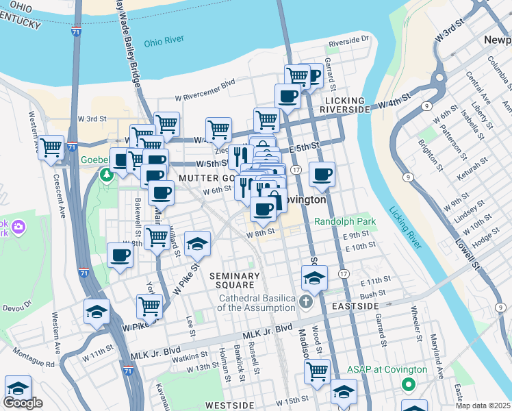 map of restaurants, bars, coffee shops, grocery stores, and more near 39 West Pike Street in Covington