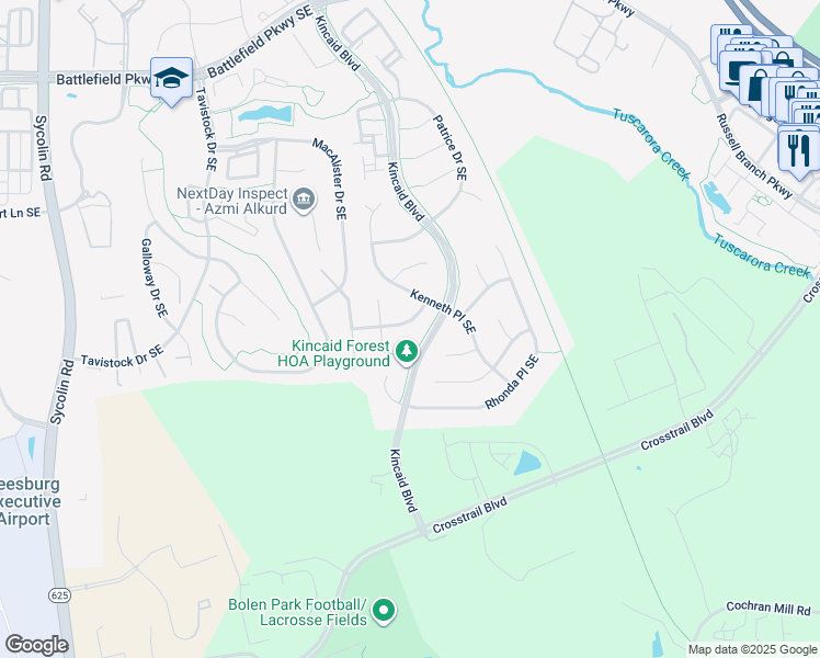 map of restaurants, bars, coffee shops, grocery stores, and more near 810 Sandy Landing Drive Southeast in Leesburg