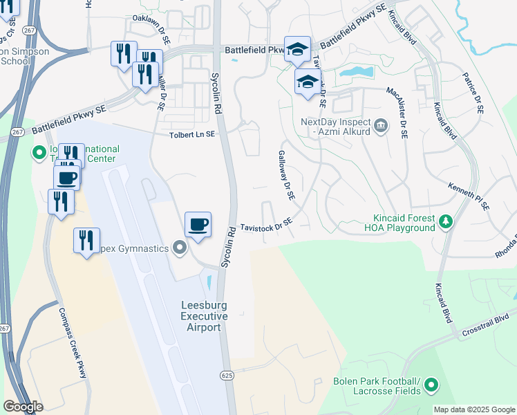 map of restaurants, bars, coffee shops, grocery stores, and more near 873 Tall Oaks Square Southeast in Leesburg