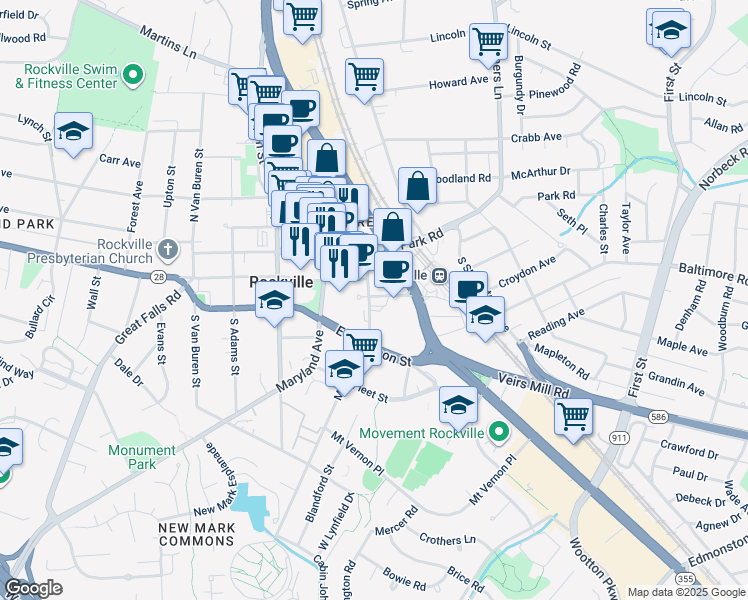 map of restaurants, bars, coffee shops, grocery stores, and more near 104 Monroe Street in Rockville