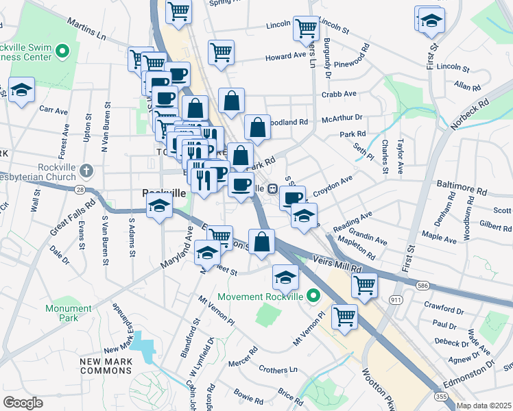 map of restaurants, bars, coffee shops, grocery stores, and more near 4 Monroe Street in Rockville