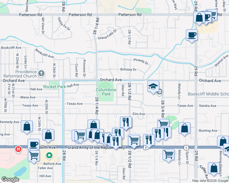 map of restaurants, bars, coffee shops, grocery stores, and more near 549 Willow Road in Grand Junction