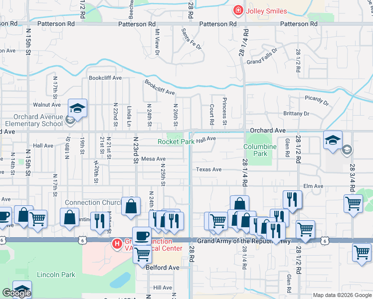 map of restaurants, bars, coffee shops, grocery stores, and more near 1818 North 26th Street in Grand Junction
