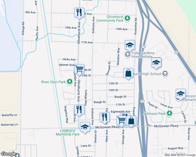 map of restaurants, bars, coffee shops, grocery stores, and more near 1855 14th Street in Olivehurst