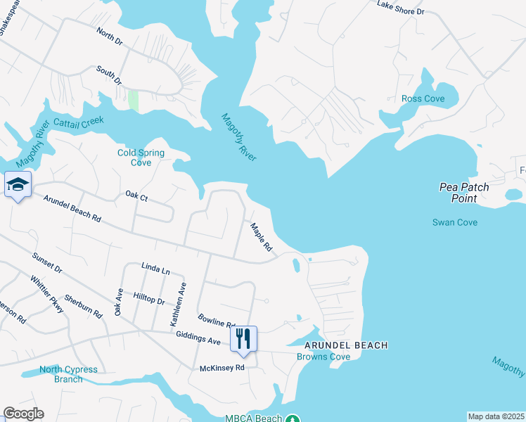 map of restaurants, bars, coffee shops, grocery stores, and more near 477 Maple Road in Severna Park