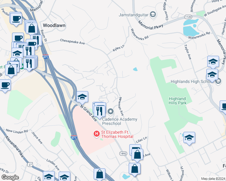 map of restaurants, bars, coffee shops, grocery stores, and more near 23 Carriage House Drive in Fort Thomas