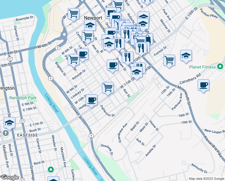 map of restaurants, bars, coffee shops, grocery stores, and more near 1017 Liberty Street in Newport