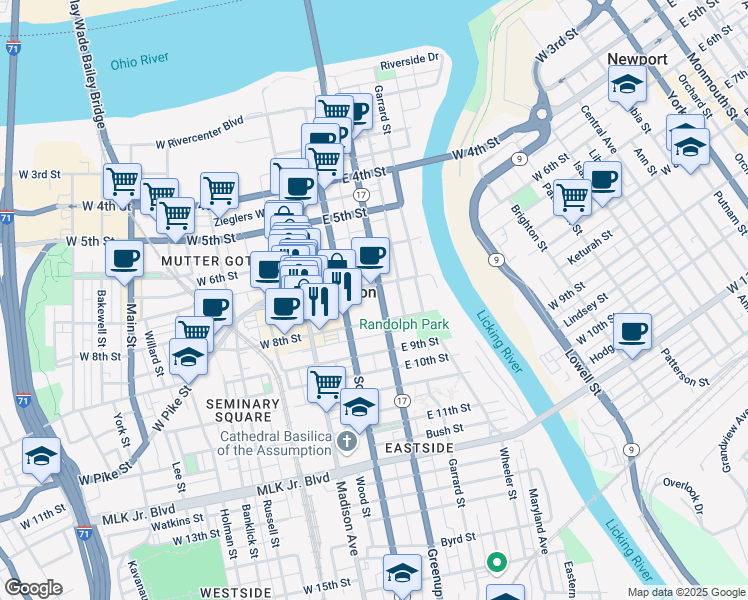 map of restaurants, bars, coffee shops, grocery stores, and more near 627 Greenup Street in Covington