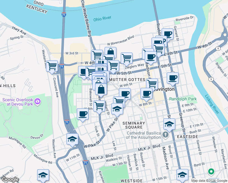 map of restaurants, bars, coffee shops, grocery stores, and more near 303 West 6th Street in Covington