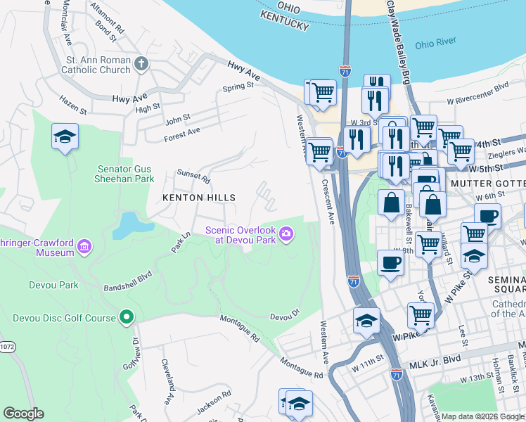 map of restaurants, bars, coffee shops, grocery stores, and more near 114 Winding Way in Covington
