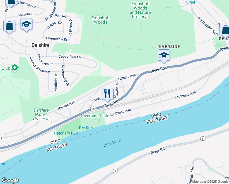 map of restaurants, bars, coffee shops, grocery stores, and more near 355 Lilienthal Street in Cincinnati