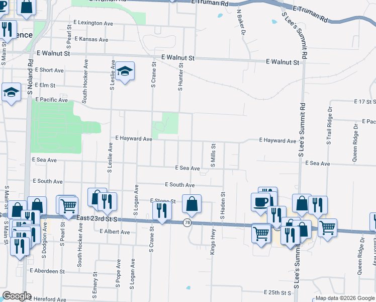 map of restaurants, bars, coffee shops, grocery stores, and more near 801 South Savage Street in Independence