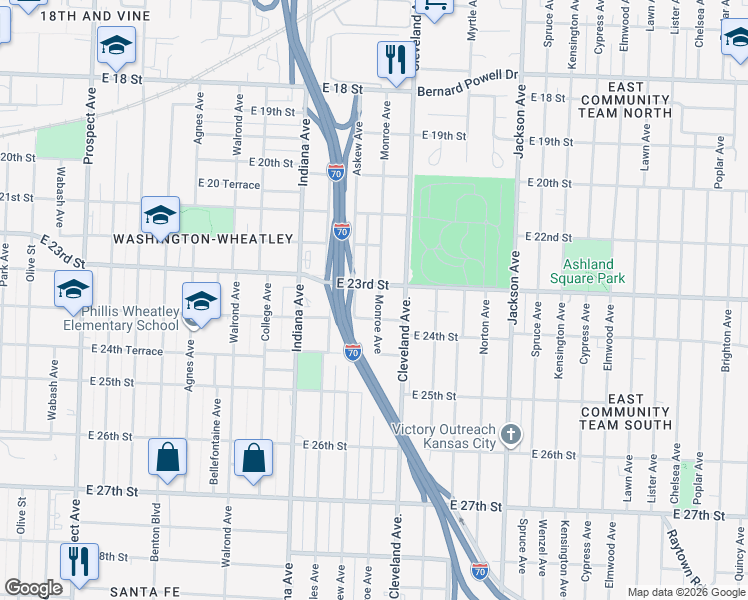 map of restaurants, bars, coffee shops, grocery stores, and more near 3710 East 23rd Street in Kansas City