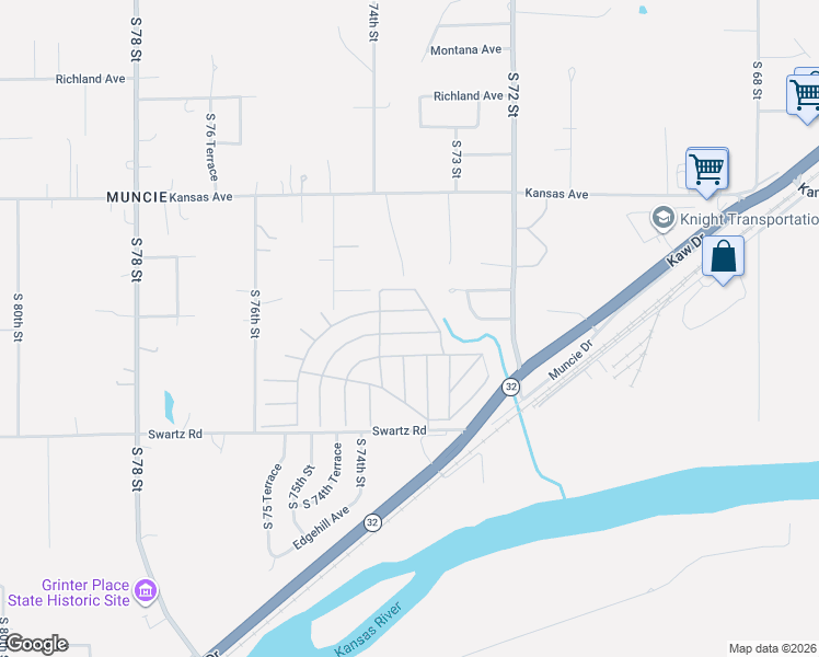map of restaurants, bars, coffee shops, grocery stores, and more near 7300-7398 Clark Street in Kansas City