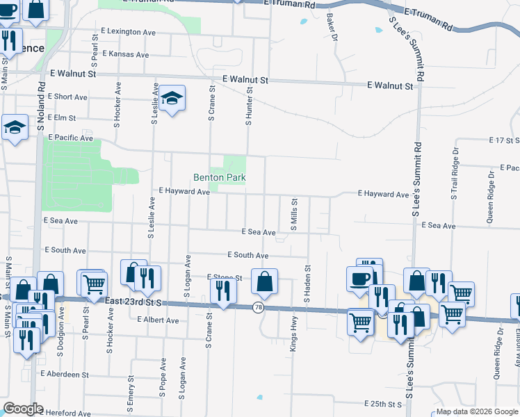 map of restaurants, bars, coffee shops, grocery stores, and more near 801 South Savage Street in Independence