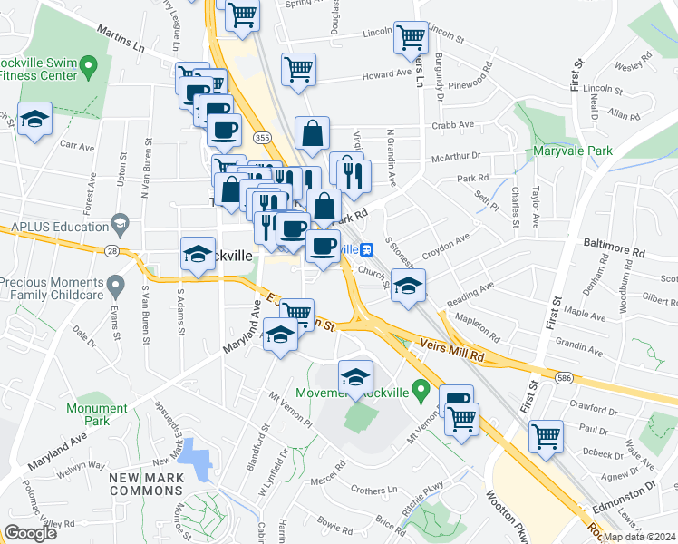 map of restaurants, bars, coffee shops, grocery stores, and more near 20 Monroe Street in Rockville