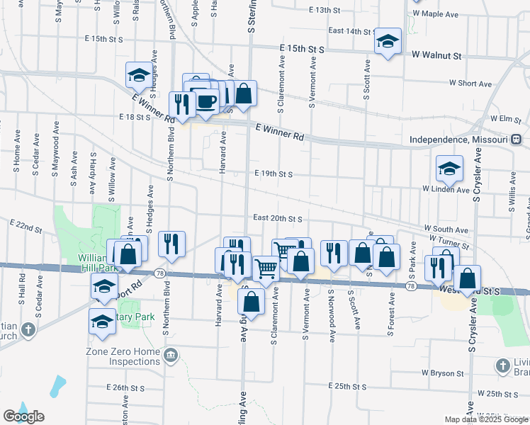 map of restaurants, bars, coffee shops, grocery stores, and more near 11222 East 20th Street South in Independence