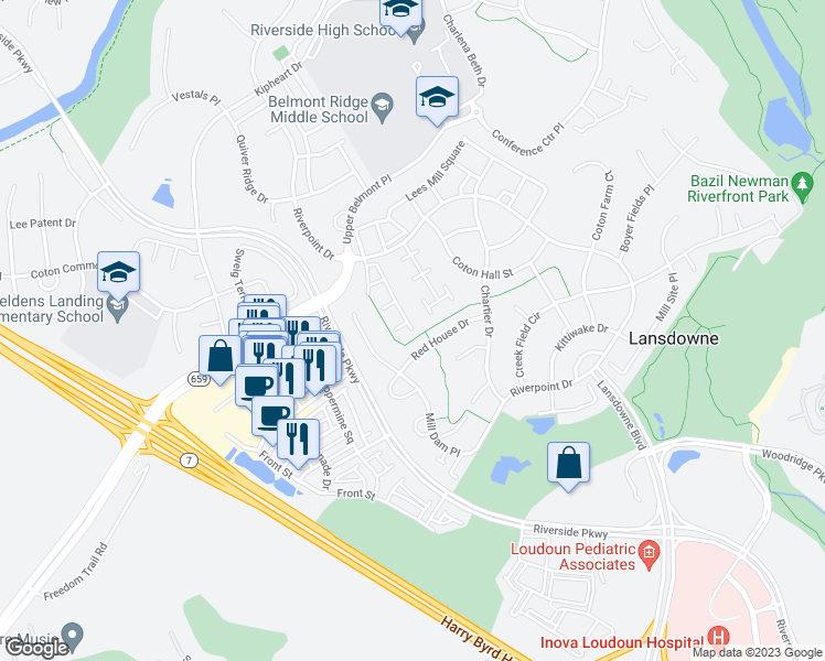 map of restaurants, bars, coffee shops, grocery stores, and more near 19222 Greystone Square in Leesburg