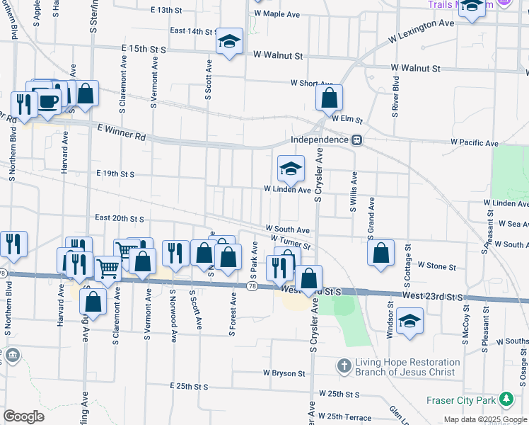 map of restaurants, bars, coffee shops, grocery stores, and more near 827 South Park Avenue in Independence