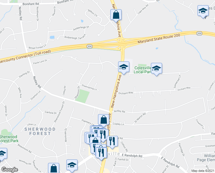 map of restaurants, bars, coffee shops, grocery stores, and more near 13800 New Hampshire Avenue in Silver Spring