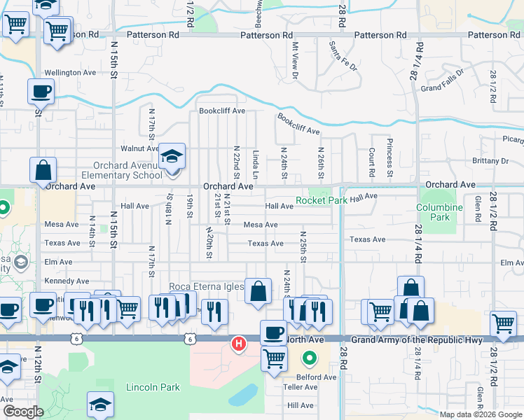 map of restaurants, bars, coffee shops, grocery stores, and more near 1801-1821 North 23rd Street in Grand Junction
