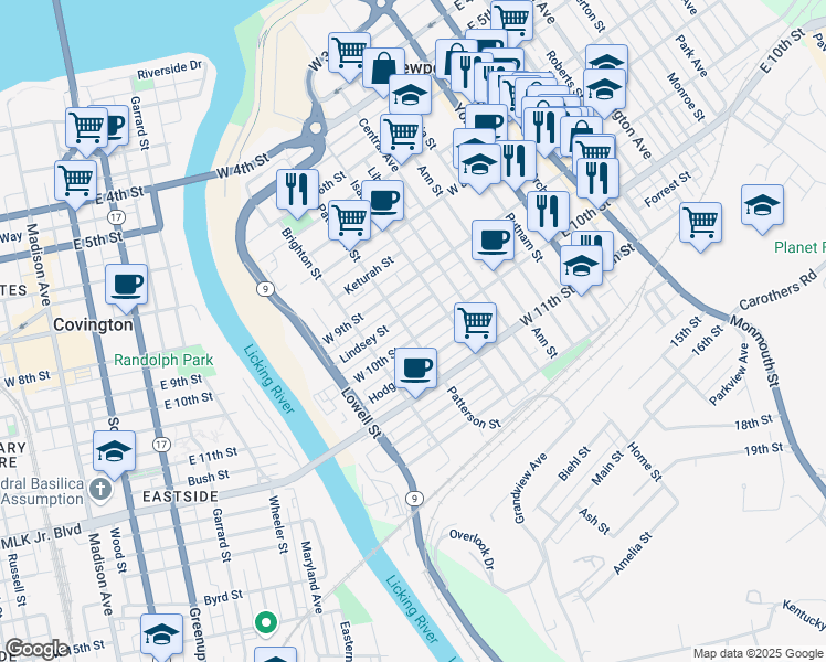 map of restaurants, bars, coffee shops, grocery stores, and more near 337 Lindsey Street in Newport