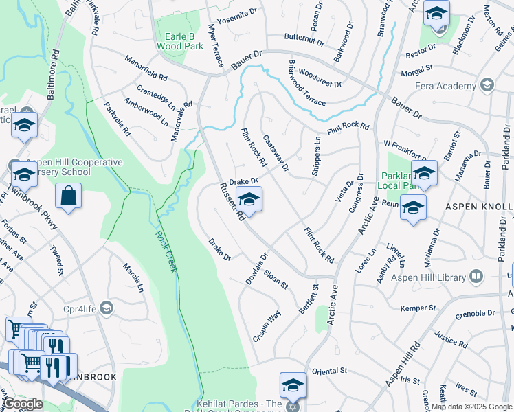 map of restaurants, bars, coffee shops, grocery stores, and more near 5121 Russett Road in Rockville