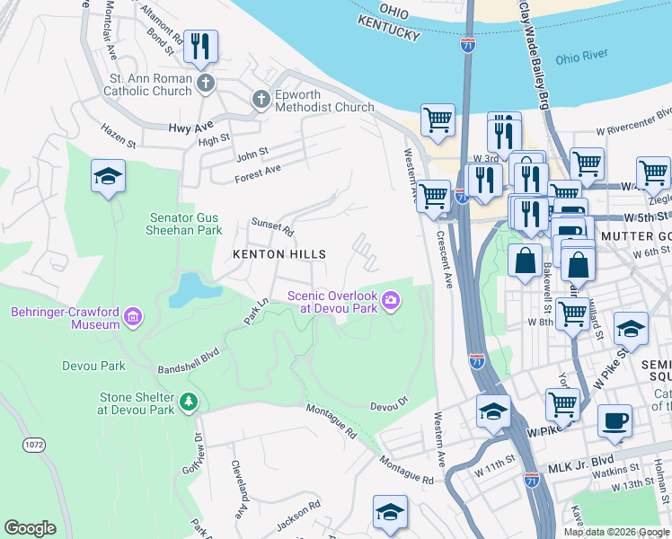 map of restaurants, bars, coffee shops, grocery stores, and more near 990 Edgehill Road in Covington
