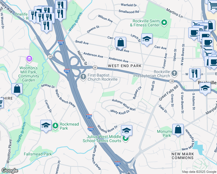 map of restaurants, bars, coffee shops, grocery stores, and more near 123 Aberdeen Road in Rockville