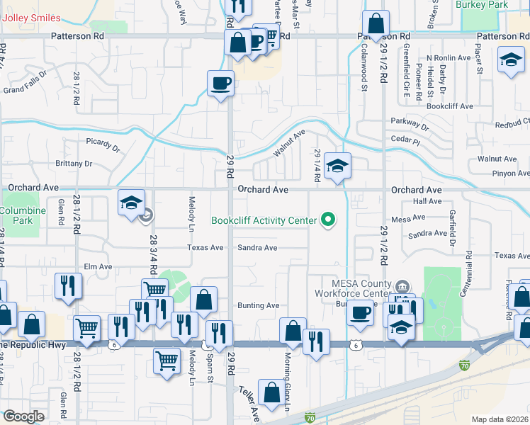 map of restaurants, bars, coffee shops, grocery stores, and more near 2915 Orchard Avenue in Grand Junction