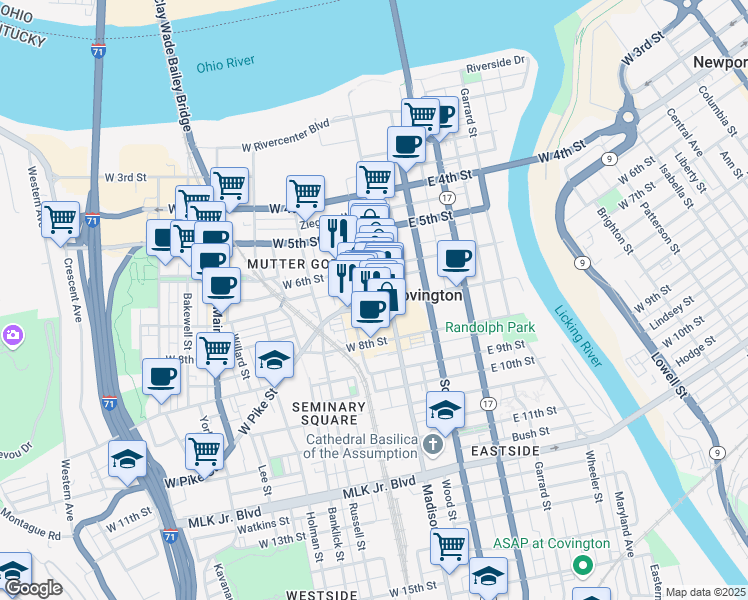 map of restaurants, bars, coffee shops, grocery stores, and more near 614 Washington Street in Covington