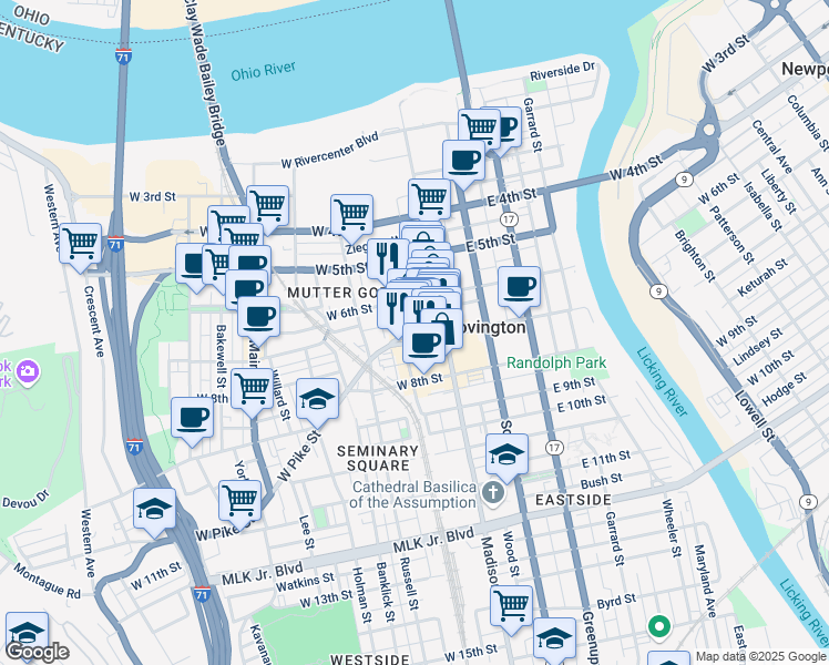 map of restaurants, bars, coffee shops, grocery stores, and more near 614 Washington Street in Covington