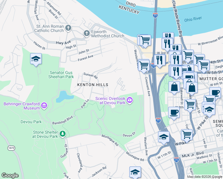 map of restaurants, bars, coffee shops, grocery stores, and more near 990 Edgehill Road in Covington