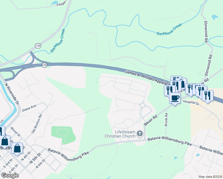 map of restaurants, bars, coffee shops, grocery stores, and more near 2121 Picketside Drive in Batavia